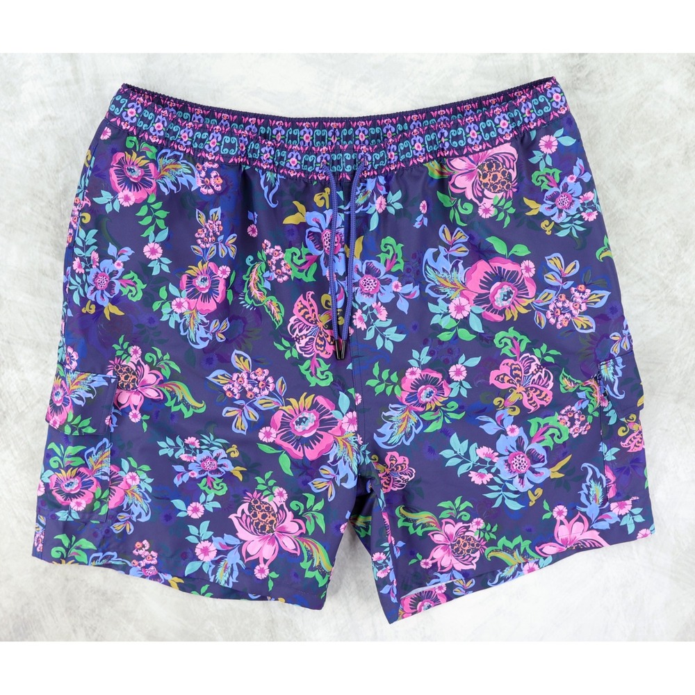 Johnny Was Swim Trunks Mens XXL Purple Floral Cargo Pocket Board Shorts